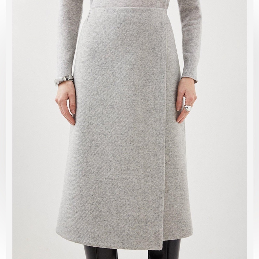KAREN MILLEN Tailored Wool Blend Double Faced Wrap Midi Skirt Size 12 NWT